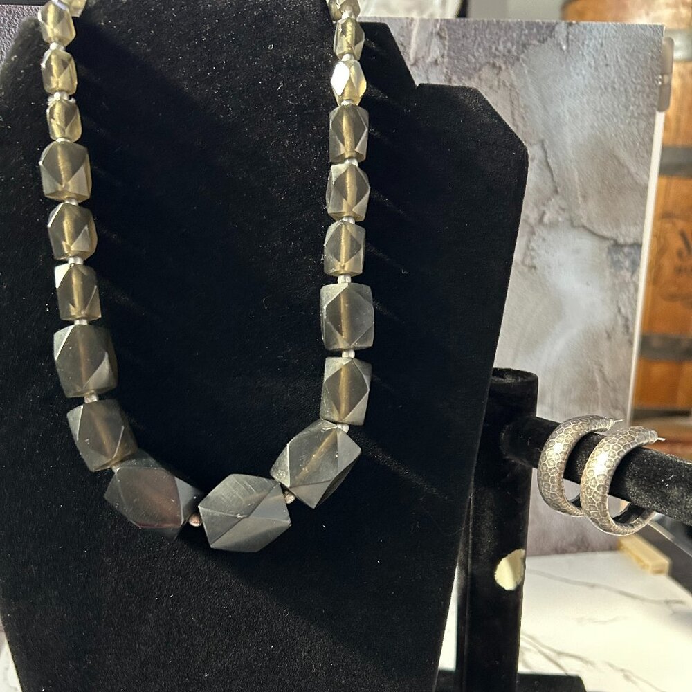 Bold Chunky Smoky Quartz like Necklace Stone Gunmetal Hoop Earrings